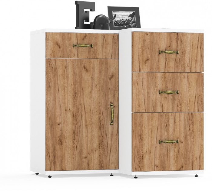 Лидер-8 Тумба МД 3.16 + Тумба МД 3.19, цвет белый шагрень/крафт золото, ШхГхВ 80х50х75 см., универсальная сборка