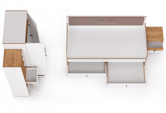 Вуди Компоновка № 40, цвет белый премиум/дуб крафт золотой/саванна латте, сп. м. 900х2000 мм., б/м, основание есть, матрас высотой до 200 мм.