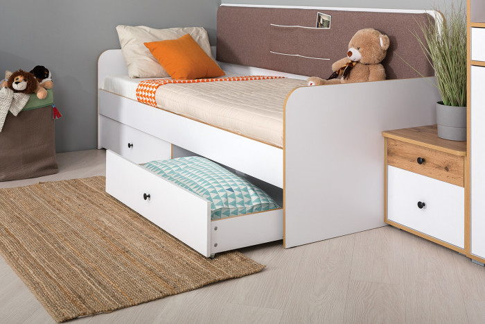 Вуди Компоновка № 40, цвет белый премиум/дуб крафт золотой/саванна латте, сп. м. 900х2000 мм., б/м, основание есть, матрас высотой до 200 мм.