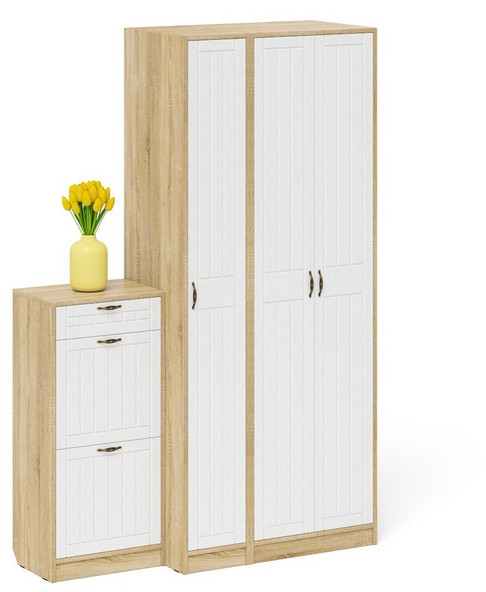 Прихожая П-6 Компоновка № 48, цвет дуб сонома/фасады МДФ белое дерево фрезеровка прованс, ШхГхВ 140х50х210 см., универсальная сборка