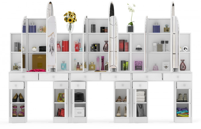 Три туалетных столика Трельяжа МД №2, цвет белый шагрень, ШхГхВ 270х31х178 см. (Трельяж (Туалетный столик № 2))