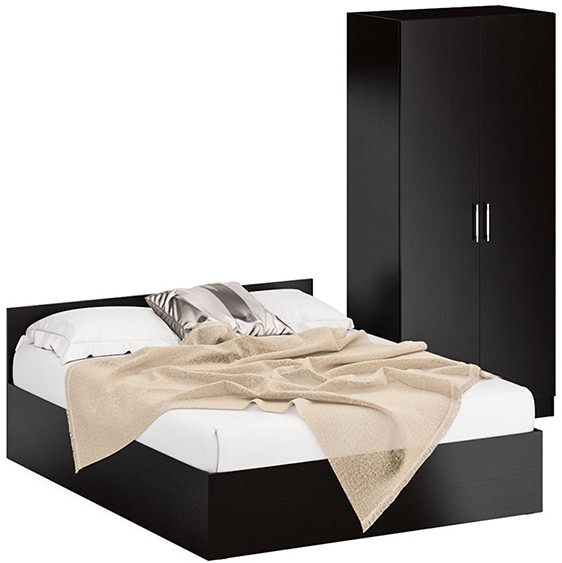 Кровать 1400 + Шкаф 2-х створчатый Стандарт, цвет венге, ШхГхВ 143,5х203,5х70 + 90х52х200 см., сп.м. 1400х2000 мм., без матраса, основание есть