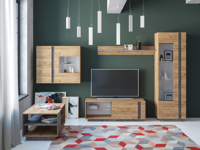 КР100 ??? Арчи № 07, цвет дуб крафт золотой/камень тёмный, ШхГхВ 130х41,3х150 см., ниша для ТВ 130х41х110 см.