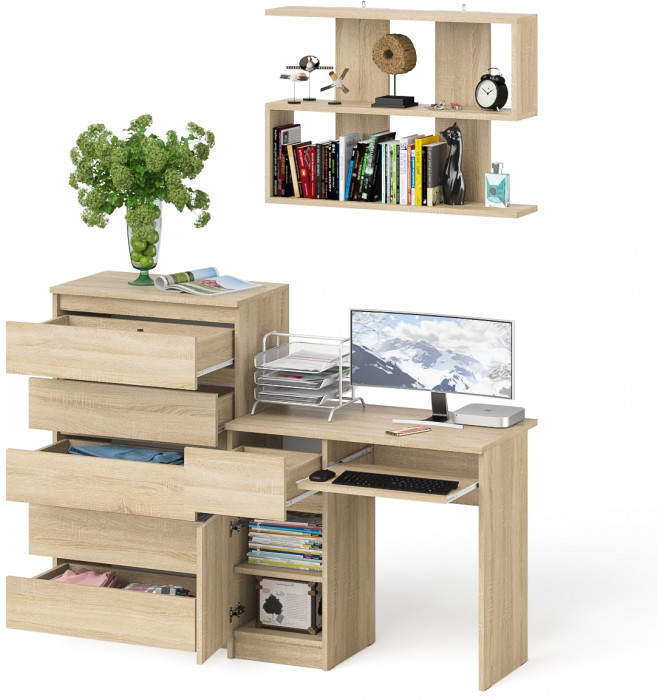 Мори компьютерный стол МС-1 левый + Комод МК700.5 + Полка 900, дуб сонома