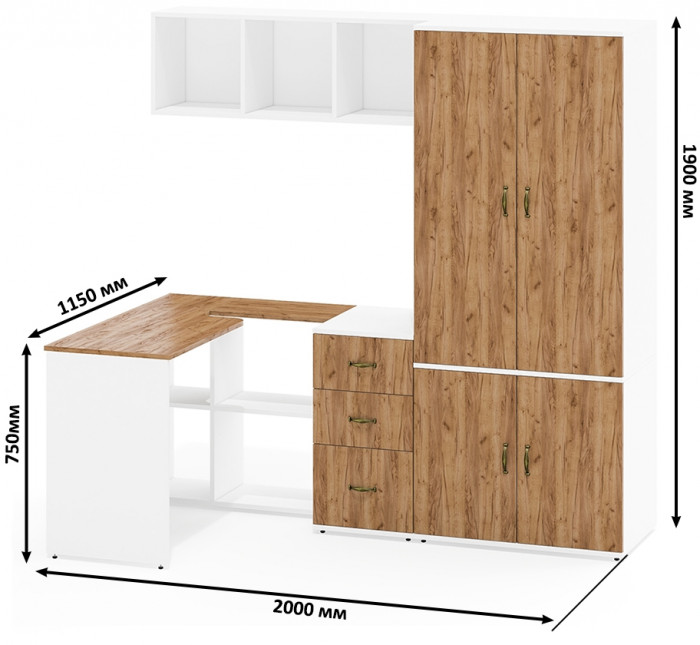 Лидер-8 Стол + Полка + Тумба МД 3.16 + Шкаф МД 19Б, белый шагрень/крафт золото
