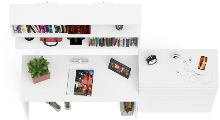 Мори Стол письменный МСП1200.1 + Комод МК800.4 + Полка 1200, цвет белый, ШхГхВ 200,8х50х209,6 см., универсальная сборка