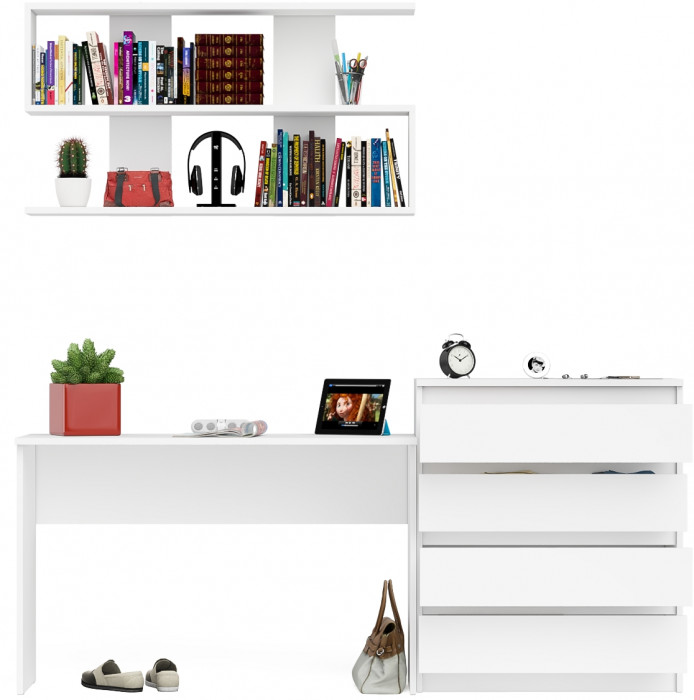 Мори Стол письменный МСП1200.1 + Комод МК800.4 + Полка 1200, цвет белый, ШхГхВ 200,8х50х209,6 см., универсальная сборка