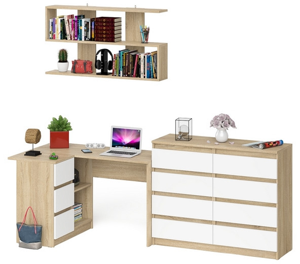 Мори компьютерный стол МС-16 левый + Комод МК1200.8 + Полка 1200, дуб сонома/белый