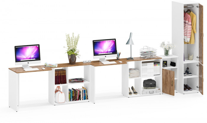 Лидер-8 Стол + Стол + Пенал МД 23Б + Тумба МД 3.19, цвет белый шагрень/крафт золото, ШхГхВ 410х50х75/190 или 230х160/50х75/190 см., НЕ ун. сб.