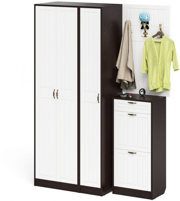 Прихожая П-6 Компоновка № 50, цвет венге/фасады МДФ белое дерево фрезеровка прованс, ШхГхВ 150х50х210 см., универсальная сборка