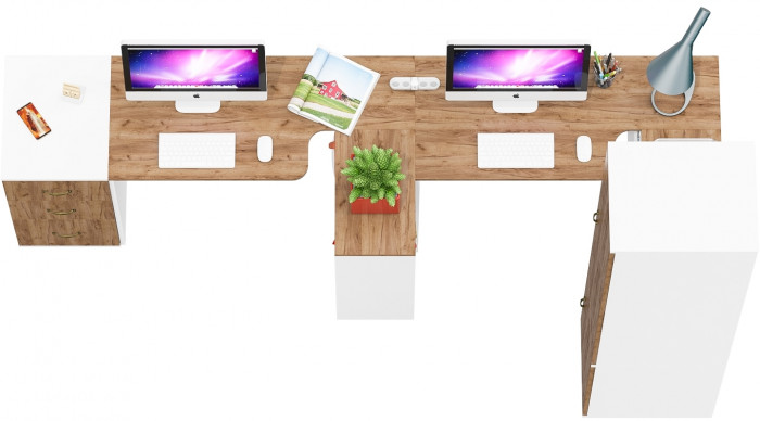 Лидер-8 Стол + Стол + Пенал МД 23Б + Тумба МД 3.16, белый шагрень/крафт золото