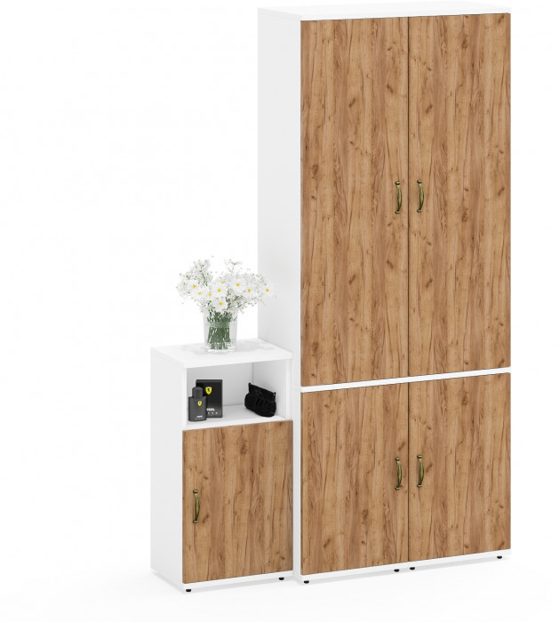 Лидер-8 Пенал МД 22Б + Пенал МД 22Б + Тумба МД 3.19, цвет белый шагрень/крафт золото, ШхГхВ 120х37,5х190 см., универсальная сборка