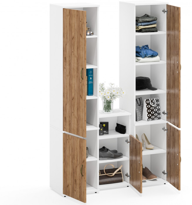 Лидер-8 Пенал МД 22Б + Пенал МД 22Б + Тумба МД 3.19, цвет белый шагрень/крафт золото, ШхГхВ 120х37,5х190 см., универсальная сборка