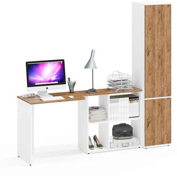 Лидер-8 Стол + Пенал МД 22Б, цвет белый шагрень/крафт золото, ШхГхВ 205х50/37,5х75/190 или 115х50/120х75/190 см., НЕ универсальная сборка