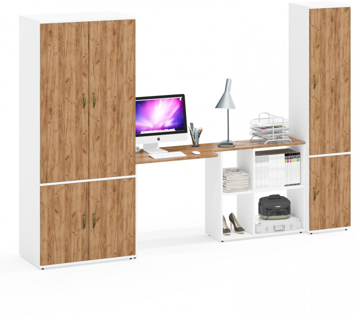 Лидер-8 Шкаф МД 19Б + Стол + Пенал 21Б, цвет белый шагрень/крафт золото, ШхГхВ 285х50/37,5х75/190 или 195х120х75/190 см., НЕ ун.сб.