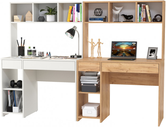 компьютерный стол Комфорт 12.77F + компьютерный стол Комфорт 12.77F, белый шагрень/дуб крафт золотой