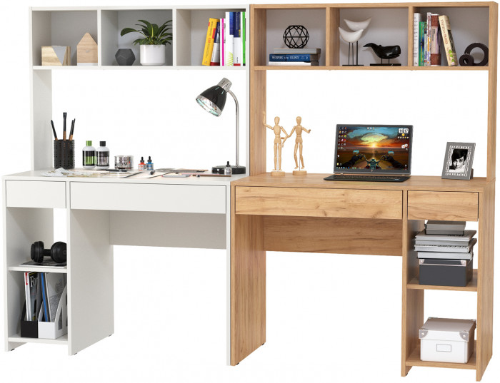 компьютерный стол Комфорт 12.77F + компьютерный стол Комфорт 12.77F, белый шагрень/дуб крафт золотой