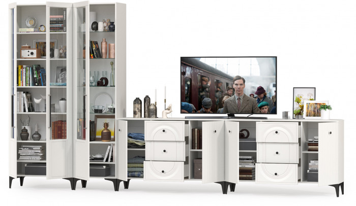 Валенсия Гостиная № 123, цвет ЛДСП белый шагрень/МДФ белый шагрень, ШхГхВ 405,4х38,4х225,2 см., универсальная сборка