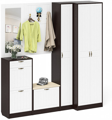 Прихожая П-6 Компоновка № 31, венге/фасады МДФ белое дерево фрезеровка прованс