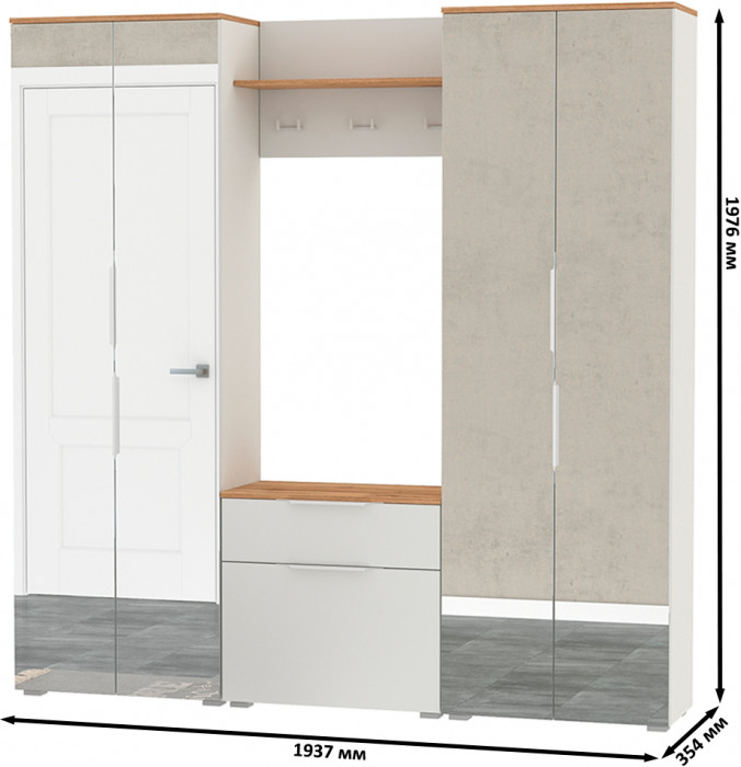 Октава Прихожая 25, цвет белый шагрень/дуб крафт золотой/фасады МДФ белый шагрень, ШхГхВ 193,7х35,4х197,6 см., универсальная сборка