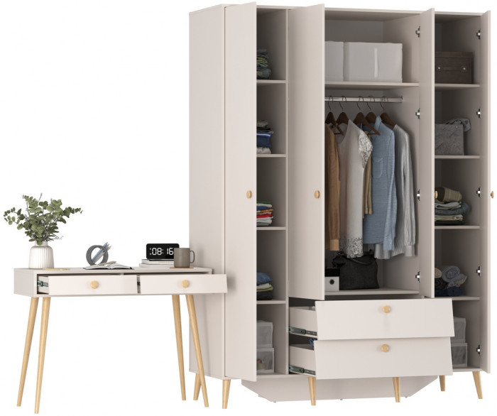 Афина Спальня Шкаф 4-х дверный + Стол, кашемир серый