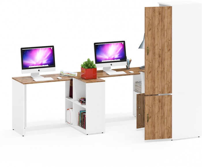 Лидер-8 Стол + Стол + Пенал МД 23Б + Тумба МД 3.19, белый шагрень/крафт золото