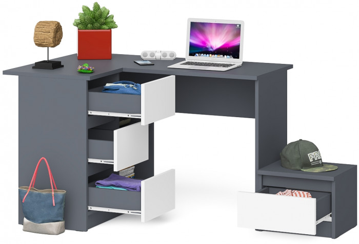 Мори Стол компьютерный МС-16 левый + Тумба ТМП400.1, цвет графит/белый, ШхГхВ 164,8х84,9х76,6 см., выдвижные ящики слева, НЕ универсальная сборка