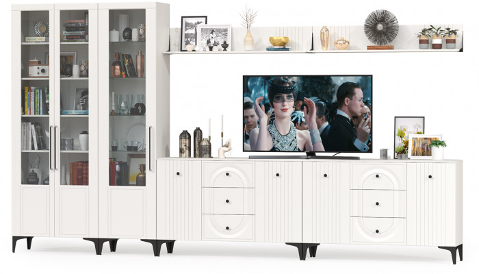 Валенсия Гостиная № 124, цвет ЛДСП белый шагрень/МДФ белый шагрень, ШхГхВ 405,4х38,4х225,2 см., универсальная сборка