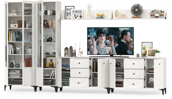 Валенсия Гостиная № 124, цвет ЛДСП белый шагрень/МДФ белый шагрень, ШхГхВ 405,4х38,4х225,2 см., универсальная сборка