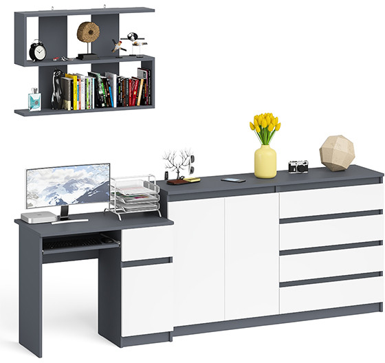 Мори компьютерный стол МС-1 правый + Комод МК1600.1 + Полка 900, графит/белый