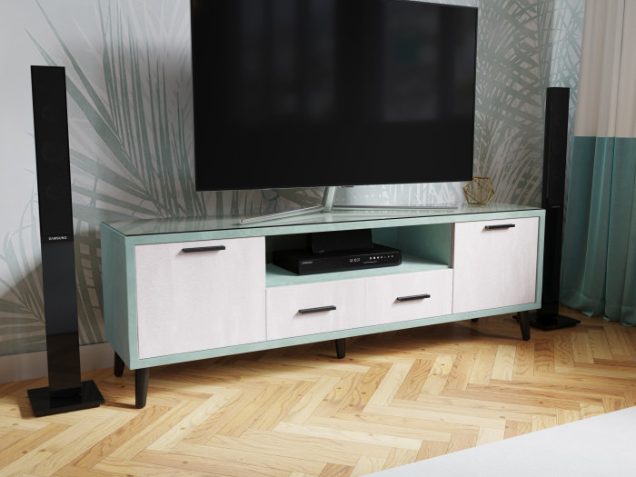 Тумба ТВ интерьерная 1,6 Ланс мятный/мдф холст белый