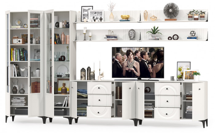 Валенсия Гостиная № 125, цвет ЛДСП белый шагрень/МДФ белый шагрень, ШхГхВ 405,4х38,4х225,2 см., универсальная сборка