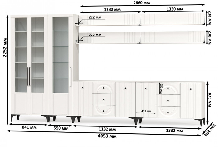 Валенсия Гостиная № 125, цвет ЛДСП белый шагрень/МДФ белый шагрень, ШхГхВ 405,4х38,4х225,2 см., универсальная сборка