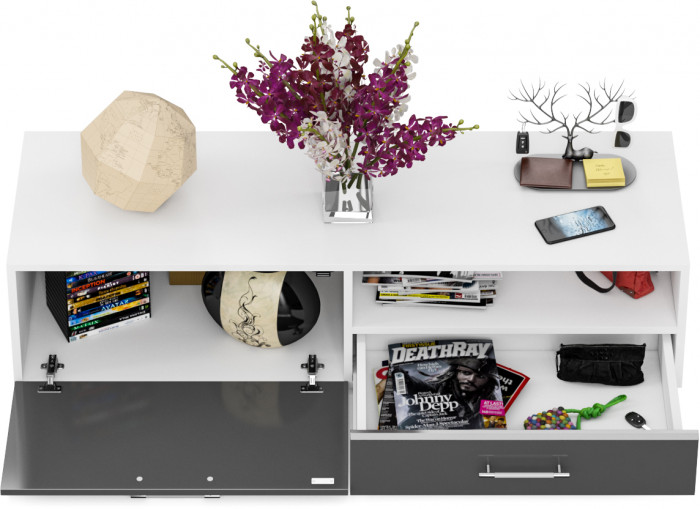 Тумба под ТВ Ларго 1,4, цвет корпус белый/фасады МДФ графитово-серый глянец, ШхГхВ 140х46х35 см., НЕ универсальная сборка