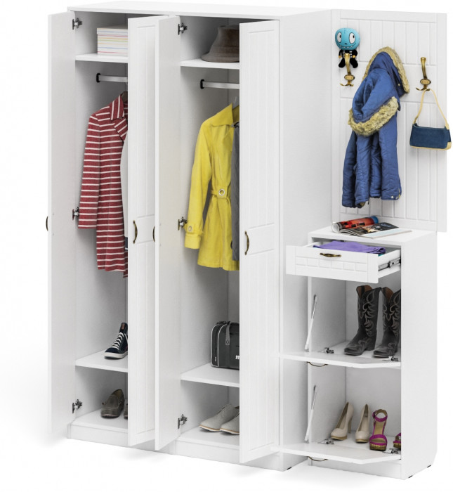 Прихожая П-6 Компоновка № 15, цвет белая шагрень/фасады МДФ белое дерево фрезеровка прованс, ШхГхВ 180х50х210 см., универсальная сборка