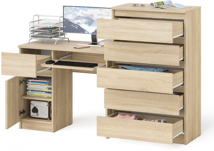 Мори компьютерный стол МС-1 левый + Комод МК700.5, дуб сонома