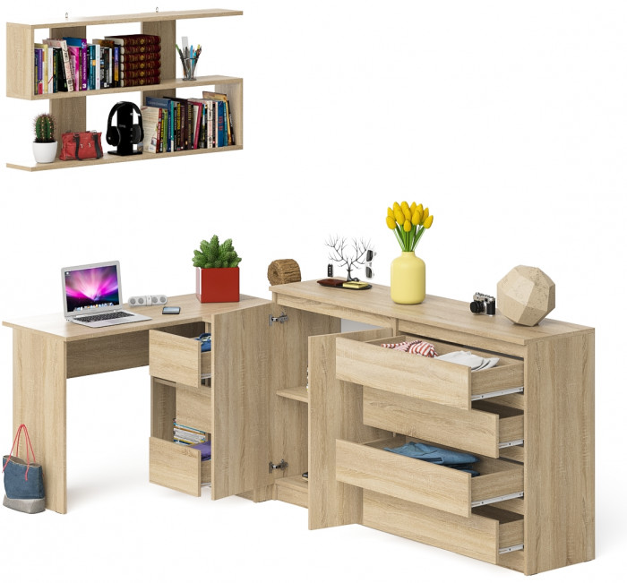 Мори компьютерный стол МС-16 правый + Комод МК1600.1 + Полка 1200, дуб сонома