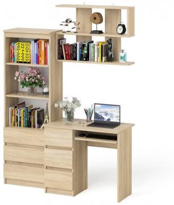 Мори компьютерный стол МС-6 левый + Стеллаж МСТ600.3 + Полка 900, дуб сонома