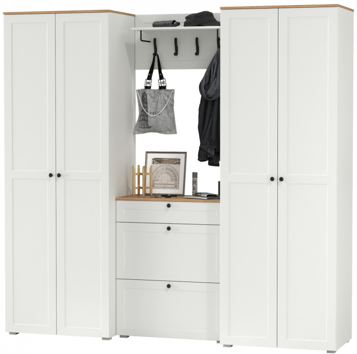 Остин Прихожая 29, цвет белый шагрень/дуб крафт золотой, ШхГхВ 240х54,3х229,6 см., универсальная сборка