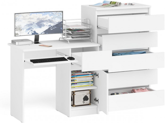 Мори компьютерный стол МС-1 правый + Комод МК700.5, белый
