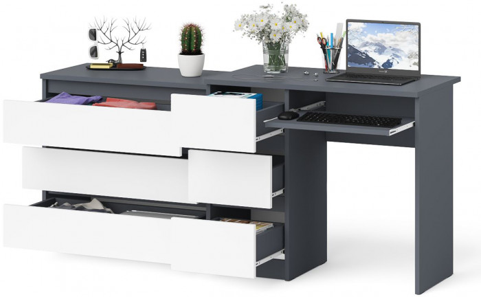 Мори компьютерный стол МС-6 левый + Комод МК800.1, графит/белый