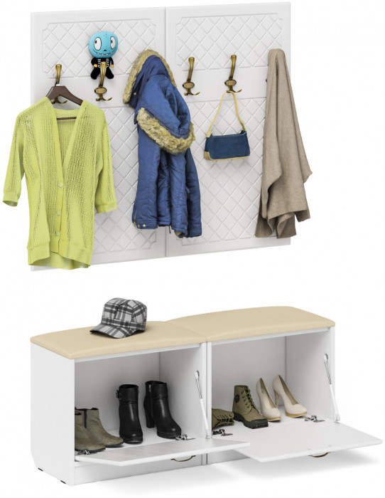 Прихожая П-6 Компоновка № 01, цвет белая шагрень/фасады МДФ белое дерево фрезеровка ромб, ШхГхВ 120х35х200 см.