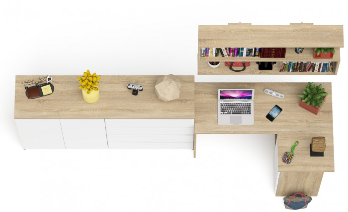 Мори компьютерный стол МС-16 правый + Комод МК1600.1 + Полка 1200, дуб сонома/белый