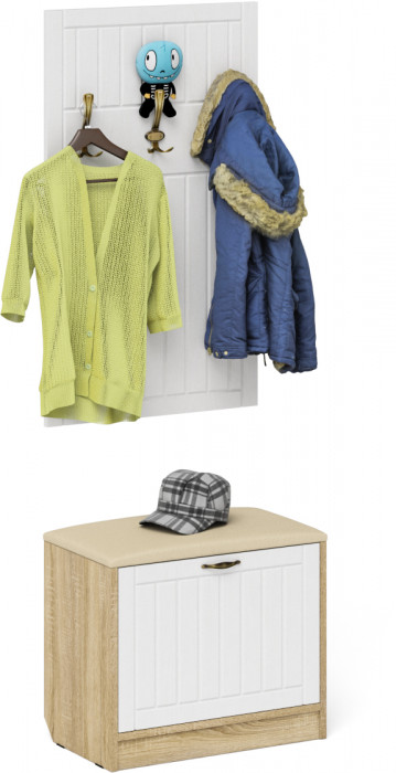 Прихожая П-6 Тумба + Вешалка, цвет дуб сонома/фасады МДФ белое дерево фрезеровка прованс, ШхГхВ 60х35х200 см.