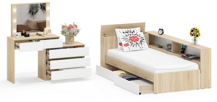 Ксения Кровать с ящиками 0900 + прикроватный блок + Столик с подсветкой 110, дуб сонома/белый