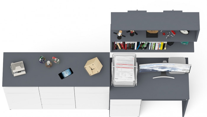 Мори Стол компьютерный МС-1 левый + Комод МК1200.4 + Полка 900, цвет графит/белый, ШхГхВ 210,4х50х209,6 см., НЕ универсальная сборка