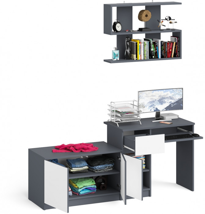 Мори Стол компьютерный МС-1 левый + Тумба МА900.1 + Полка 900, цвет графит/белый, ШхГхВ 180,4х50,4х209,6 см., НЕ универсальная сборка
