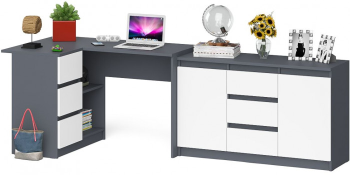 Мори Стол компьютерный МС-16 левый + Комод МК1200.3, цвет графит/белый, ШхГхВ 244,8х84,9х76,6 см., выдвижные ящики слева, НЕ универсальная сборка