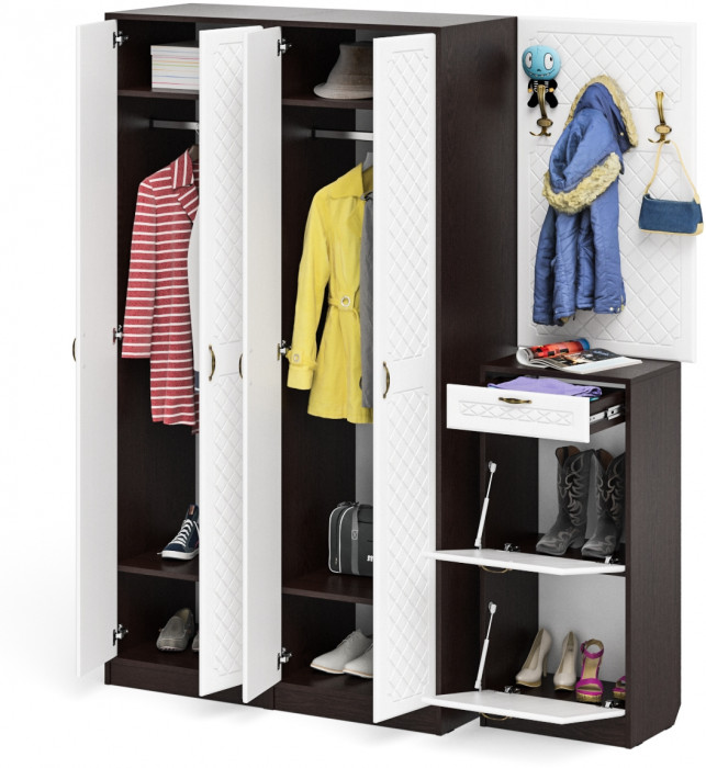 Прихожая П-6 Компоновка № 15, цвет венге/фасады МДФ белое дерево фрезеровка ромб, ШхГхВ 180х50х210 см., универсальная сборка