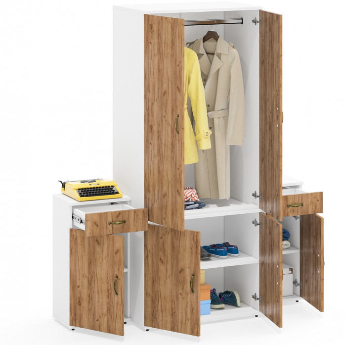 Лидер-8 Шкаф МД 19Б + Тумба МД 3.15 + Тумба МД 3.15, цвет белый шагрень/крафт золото, ШхГхВ 160х50х190 см., универсальная сборка